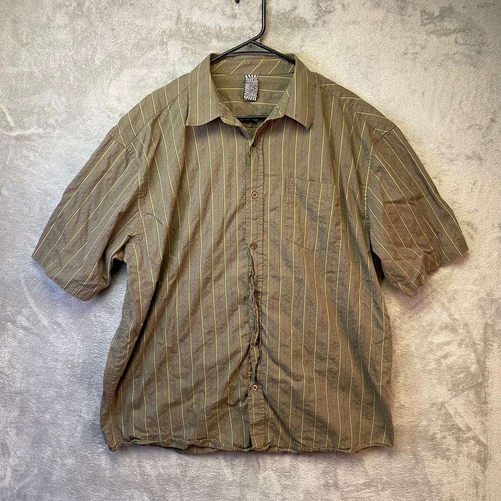 Ex Officio Shirt Mens XL Short Sleeve Striped Button Down Olive Green EUC